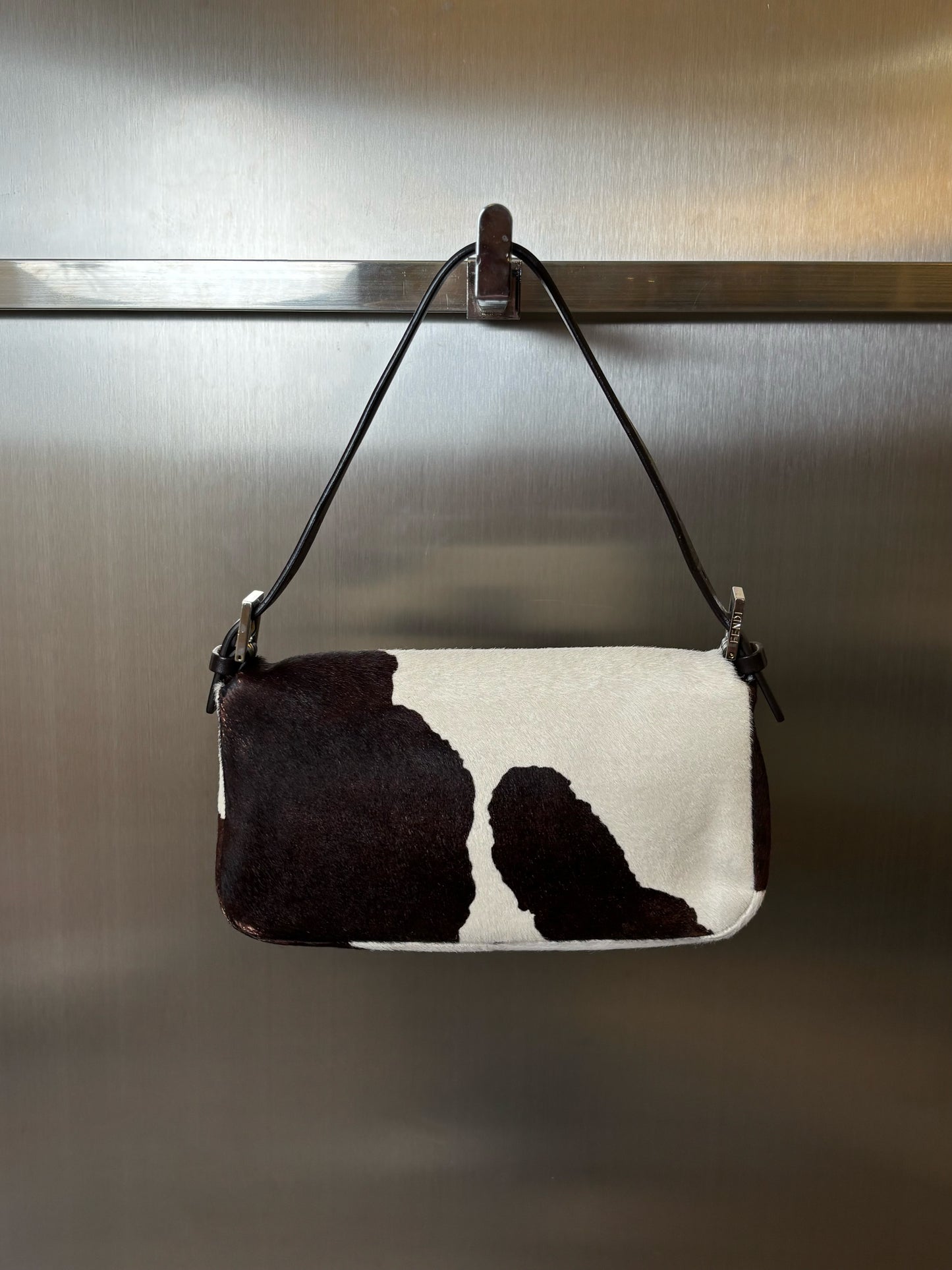 Fendi Pony Hair White/Brown Cow Print Baguette