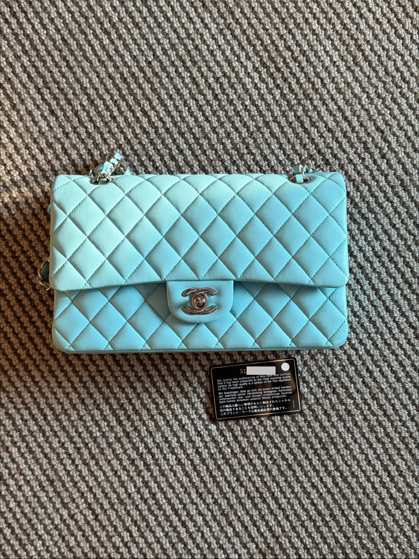 Chanel 2021 Neon Blue Medium Classic Flap Silver Hardware