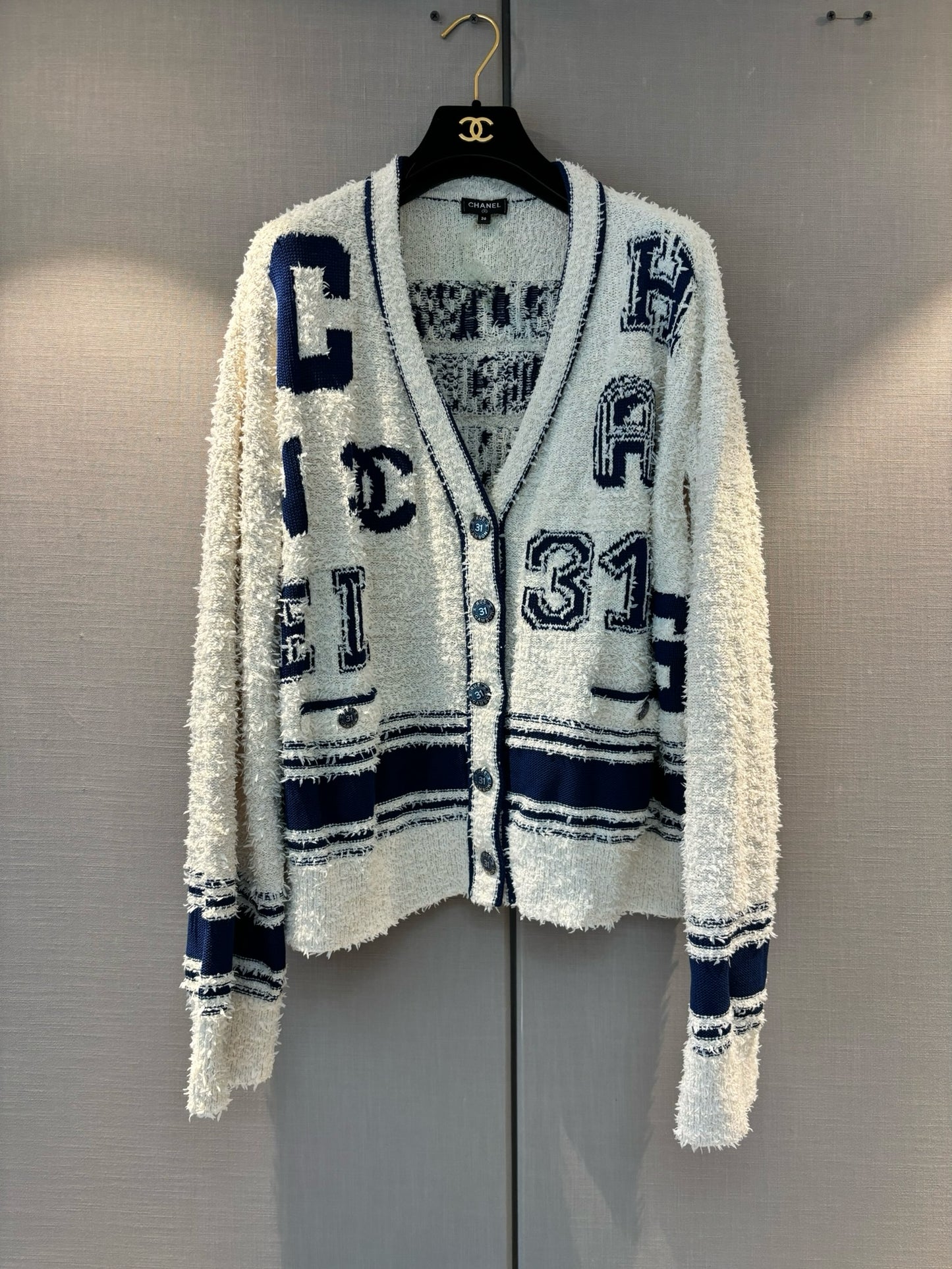 Chanel SS19 oversized varsity CC logo cropped cardigan