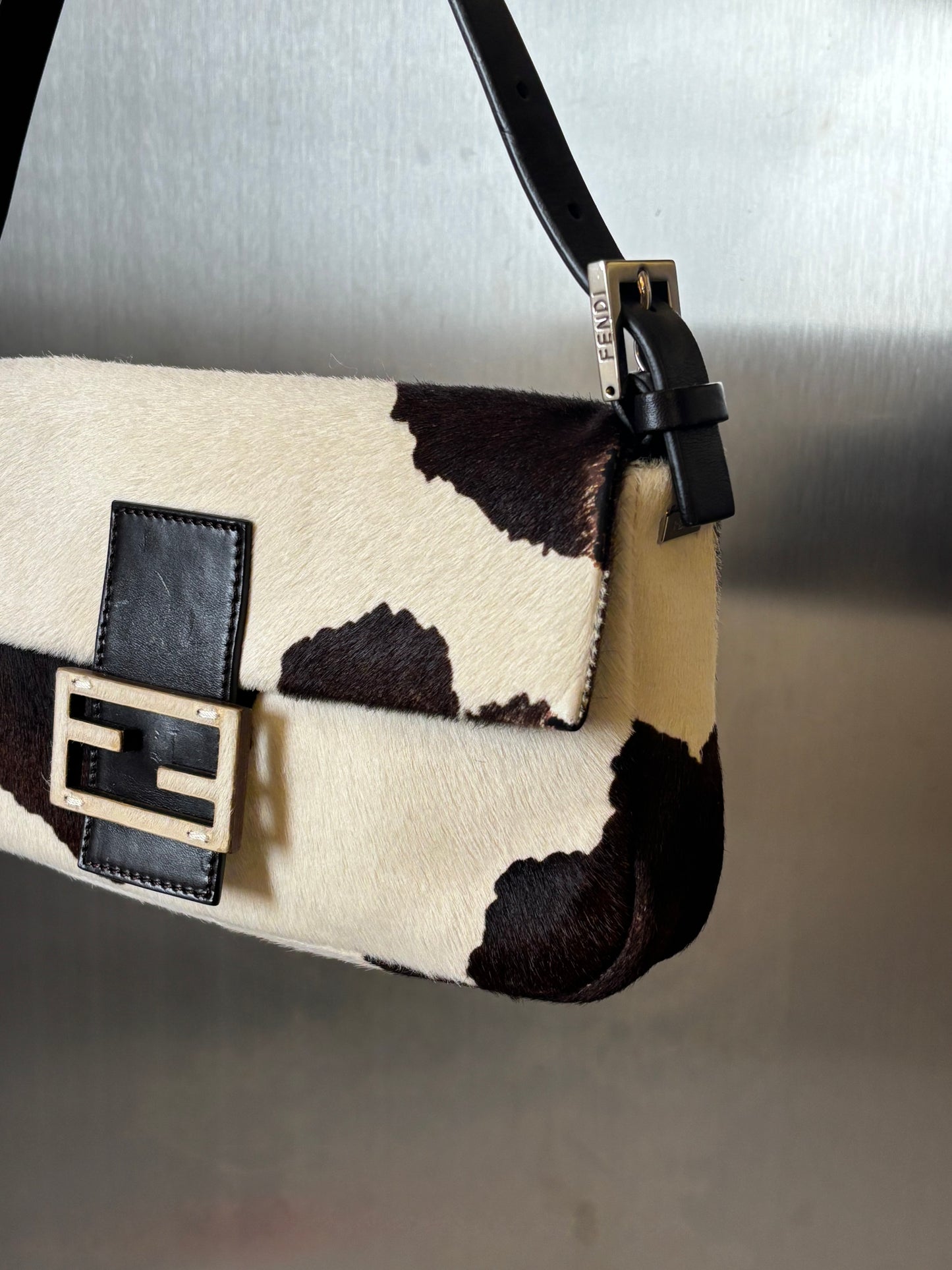 Fendi Pony Hair White/Brown Cow Print Baguette