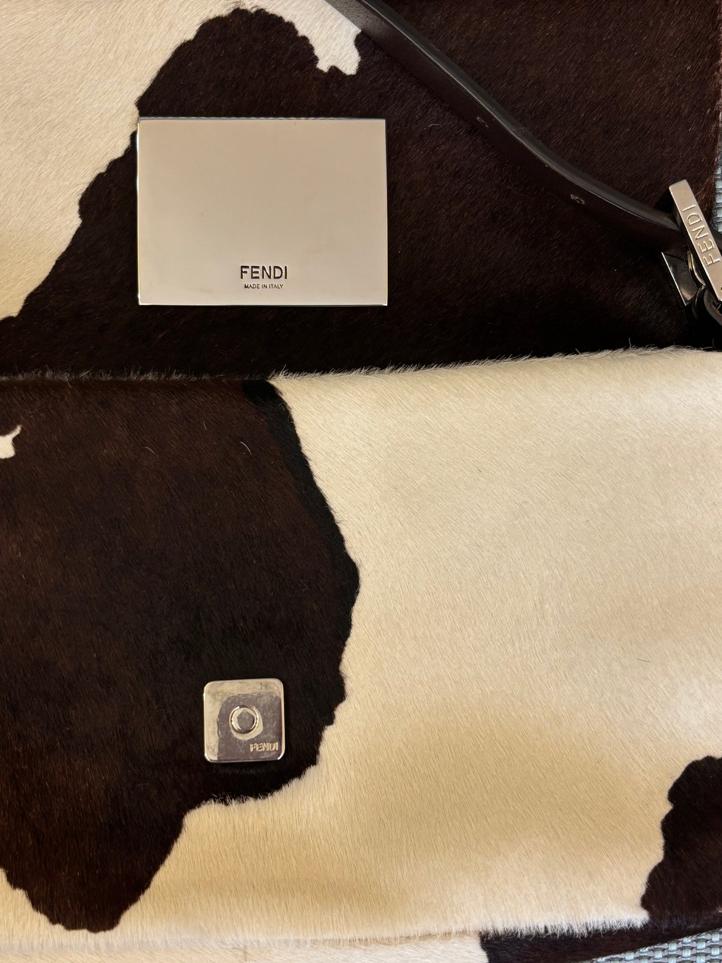 Fendi Pony Hair White/Brown Cow Print Baguette