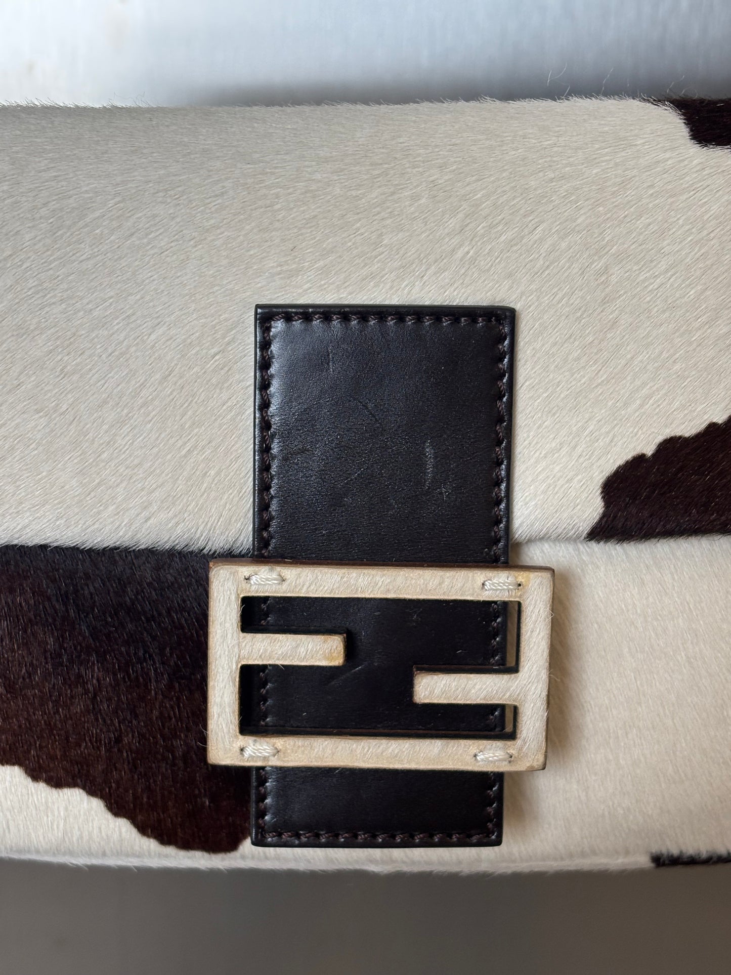 Fendi Pony Hair White/Brown Cow Print Baguette