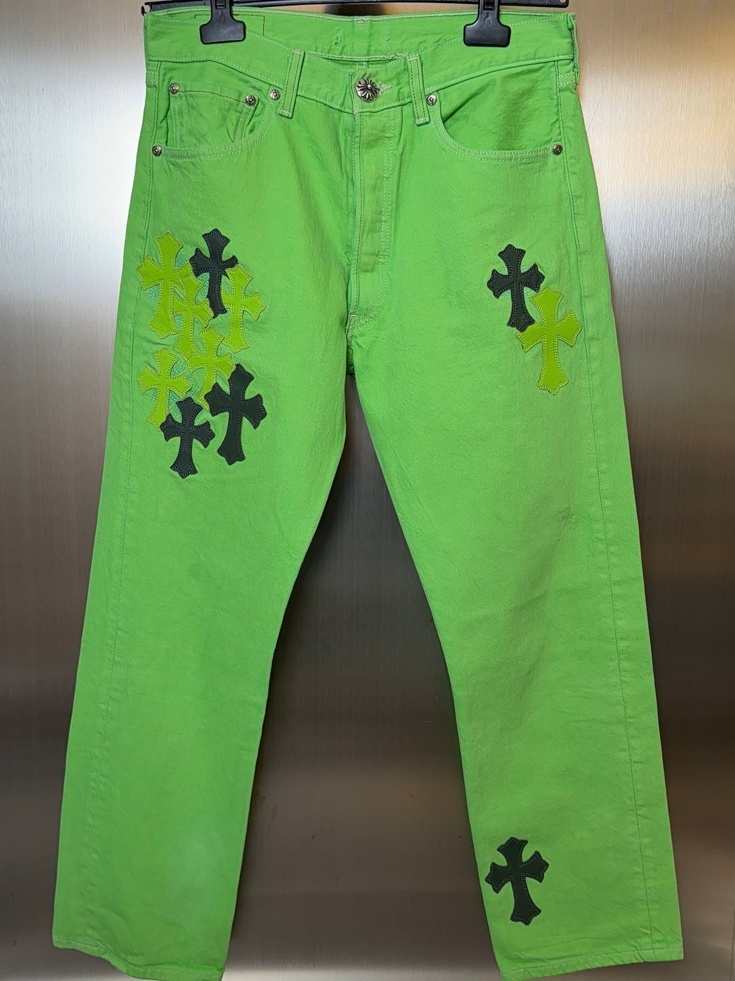 Chrome Hearts 2025 Levi’s 501 Neon Green & Black flooded Cross Patches Jeans
