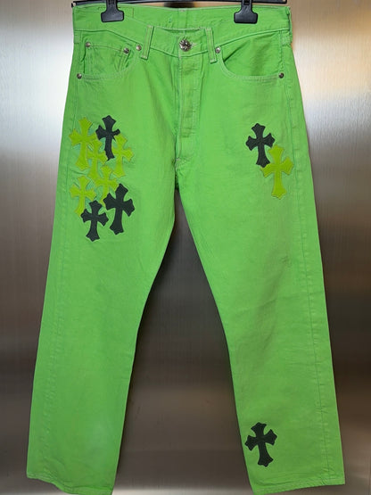 Chrome Hearts 2025 Levi’s 501 Neon Green & Black flooded Cross Patches Jeans