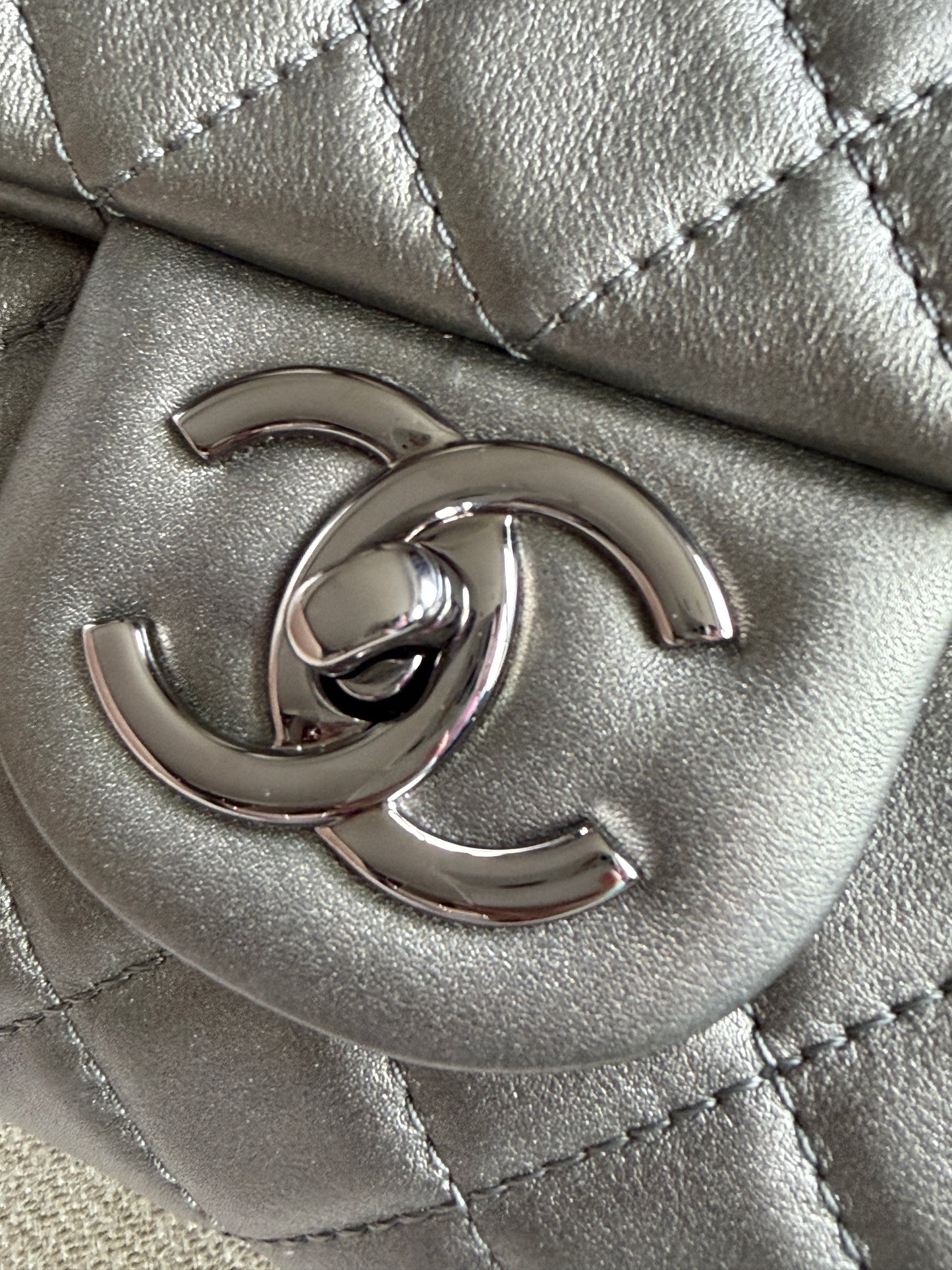 Chanel 2019 Metallic Calfskin Quilted XXL Travel Flap Bag Dark Grey
