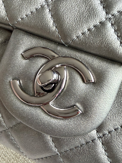 Chanel 2019 Metallic Calfskin Quilted XXL Travel Flap Bag Dark Grey