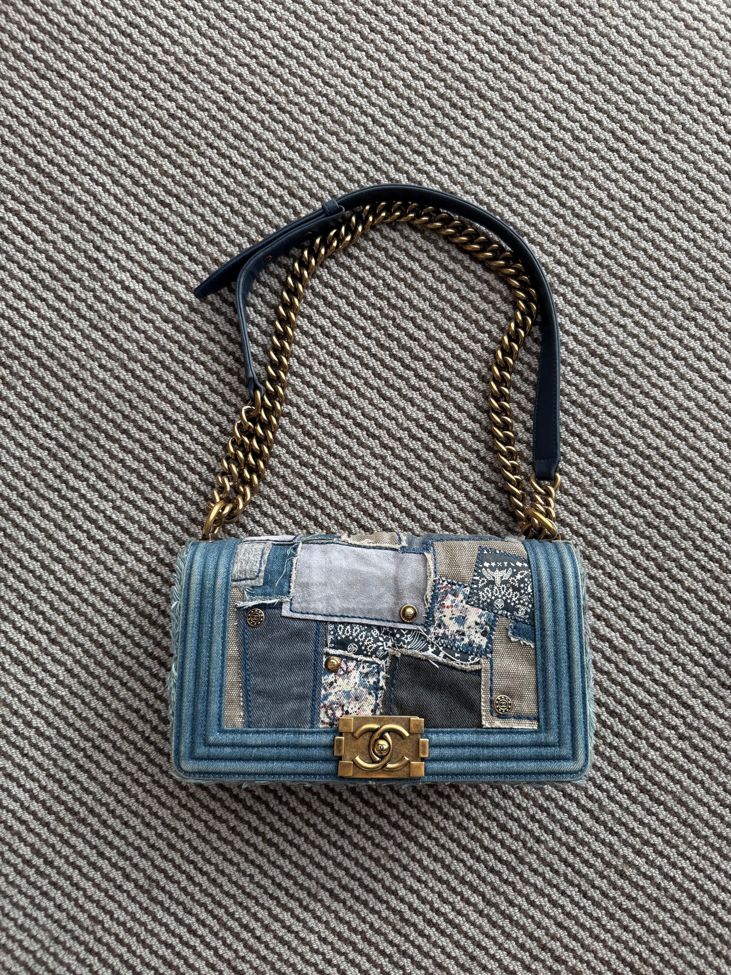 Chanel 14A Paris Dallas denim patches boy bag