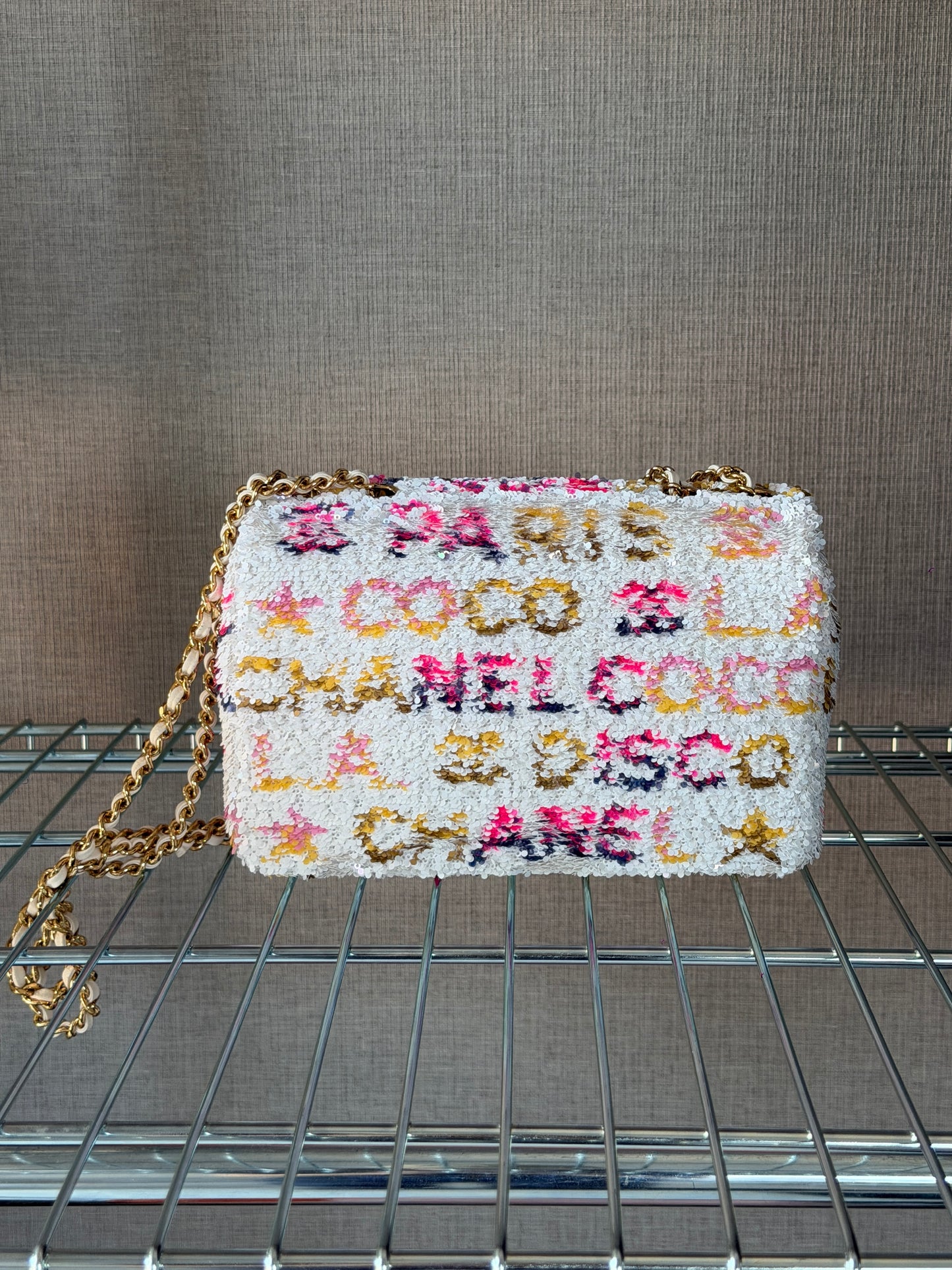 Chanel 24C Iridescent White Neon Pink Disco L.A Sequin Mini Flap Handbag