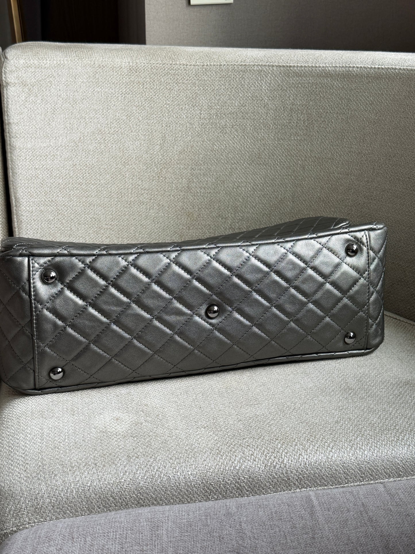 Chanel 2019 Metallic Calfskin Quilted XXL Travel Flap Bag Dark Grey