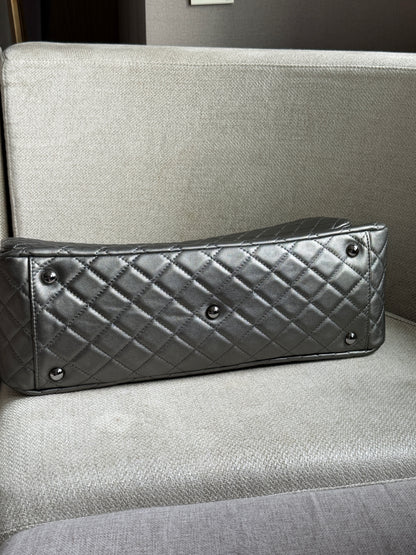Chanel 2019 Metallic Calfskin Quilted XXL Travel Flap Bag Dark Grey