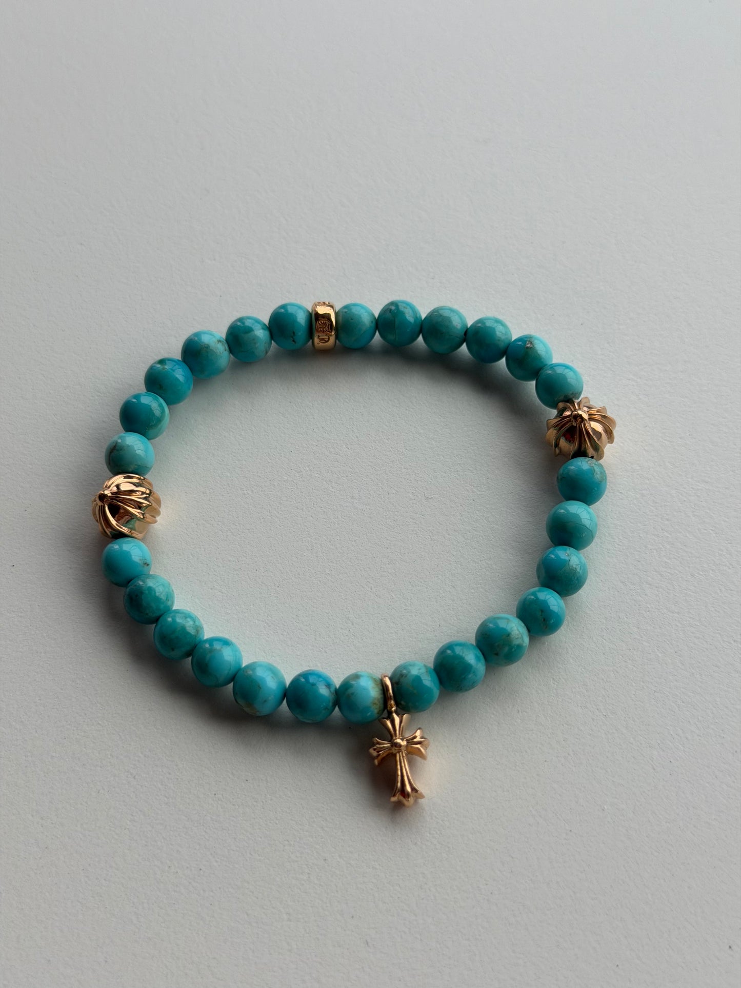 Chrome Hearts 22k Gold Cross 6mm Turquoise Beaded Bracelet