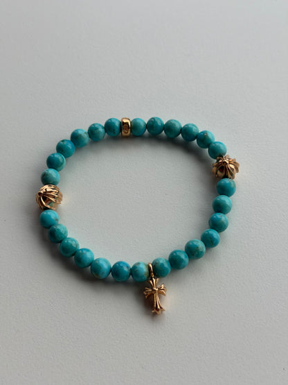 Chrome Hearts 22k Gold Cross 6mm Turquoise Beaded Bracelet