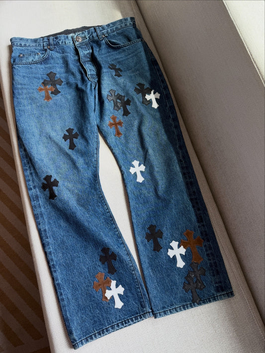 Chrome Hearts Multicolor Cross Patches Blue Jeans