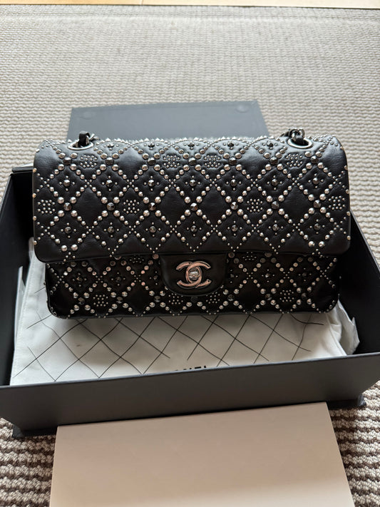 Chanel Black Leather Studded Crystal Embellished Flap Bag Silver Hardware