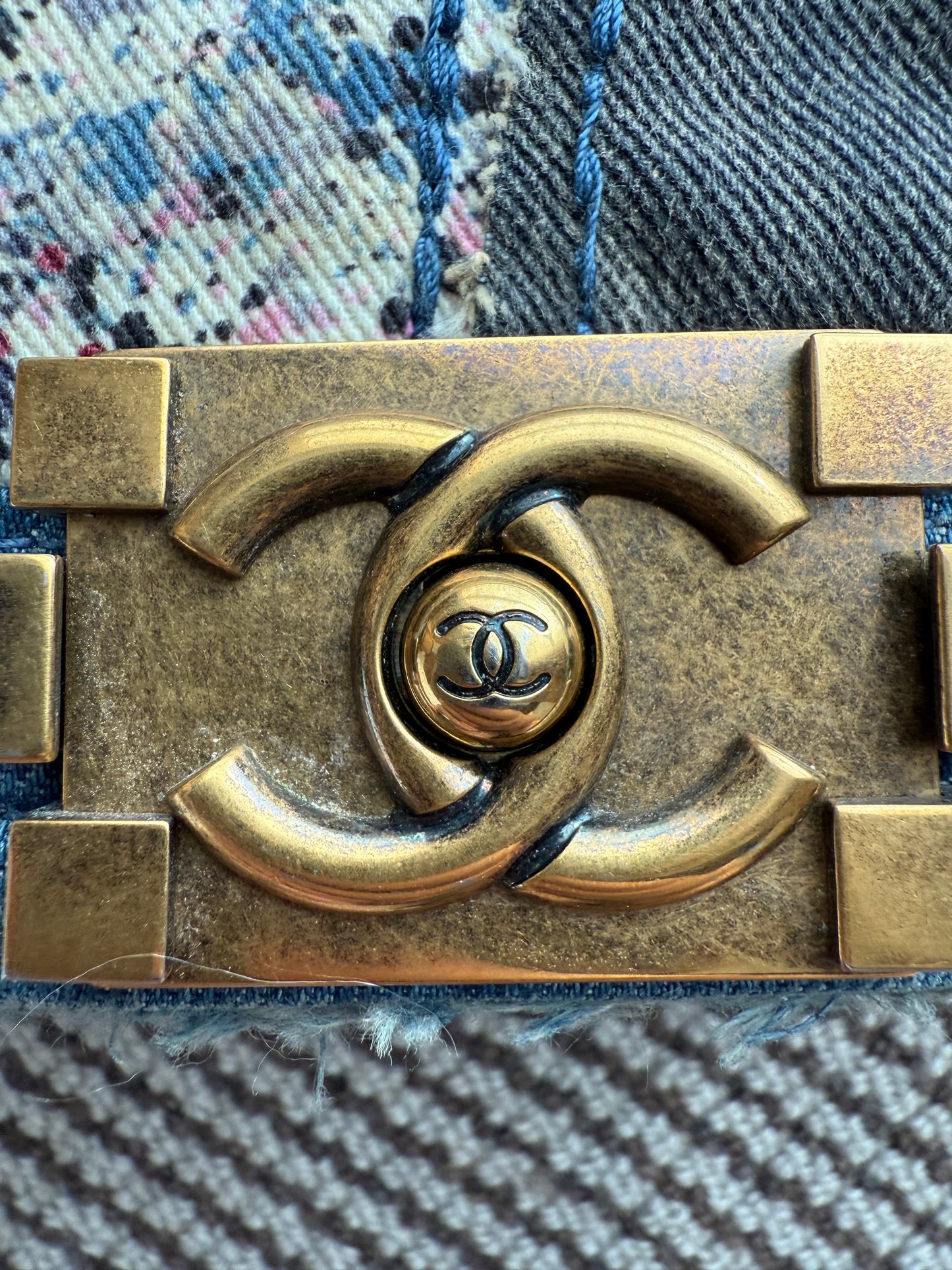 Chanel 14A Paris Dallas denim patches boy bag