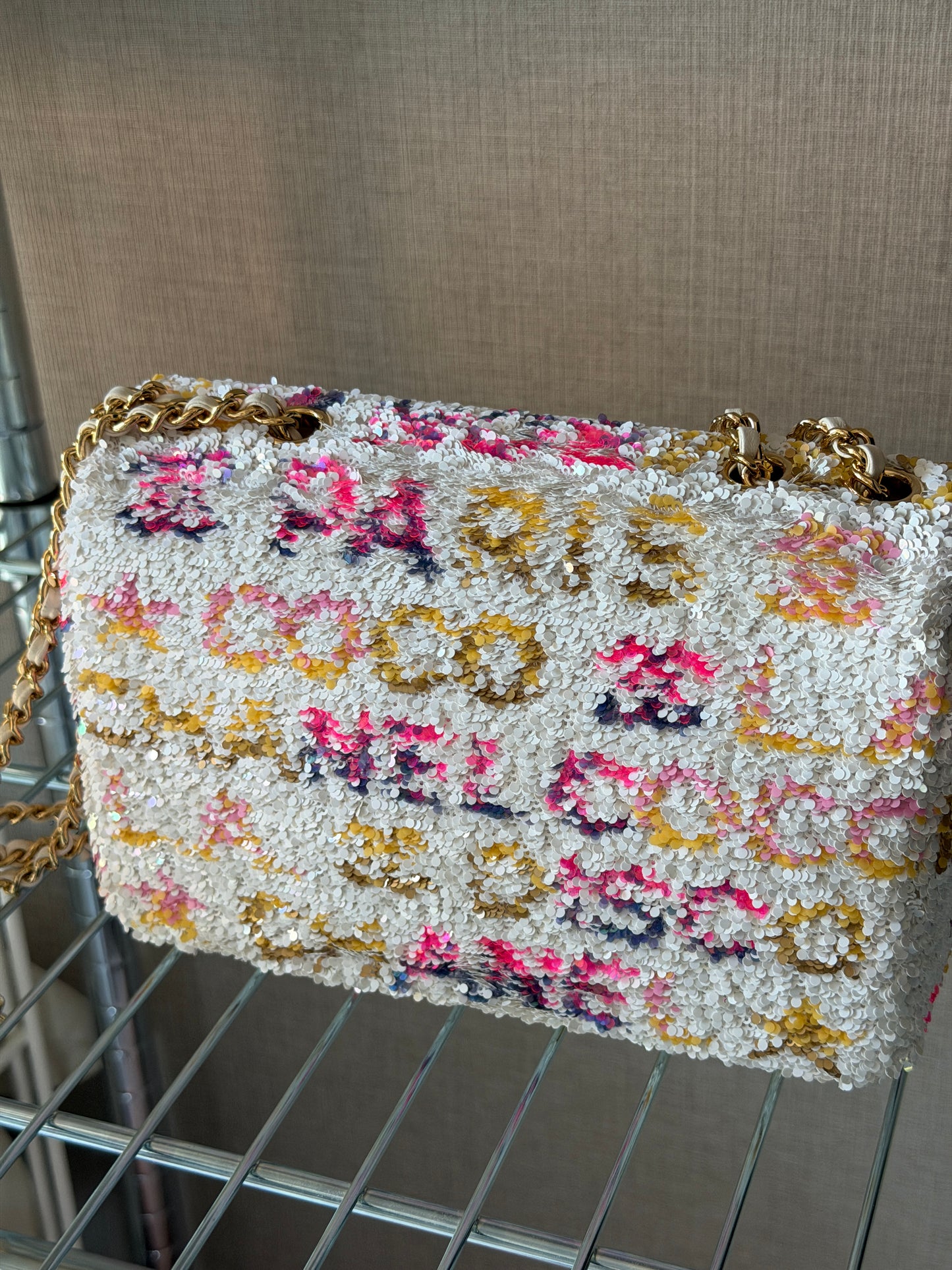 Chanel 24C Iridescent White Neon Pink Disco L.A Sequin Mini Flap Handbag