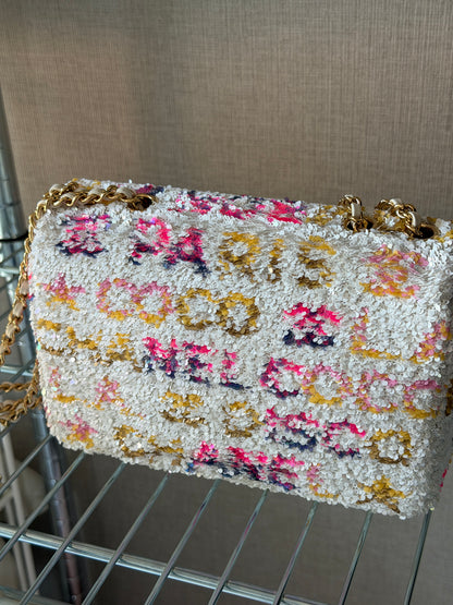 Chanel 24C Iridescent White Neon Pink Disco L.A Sequin Mini Flap Handbag