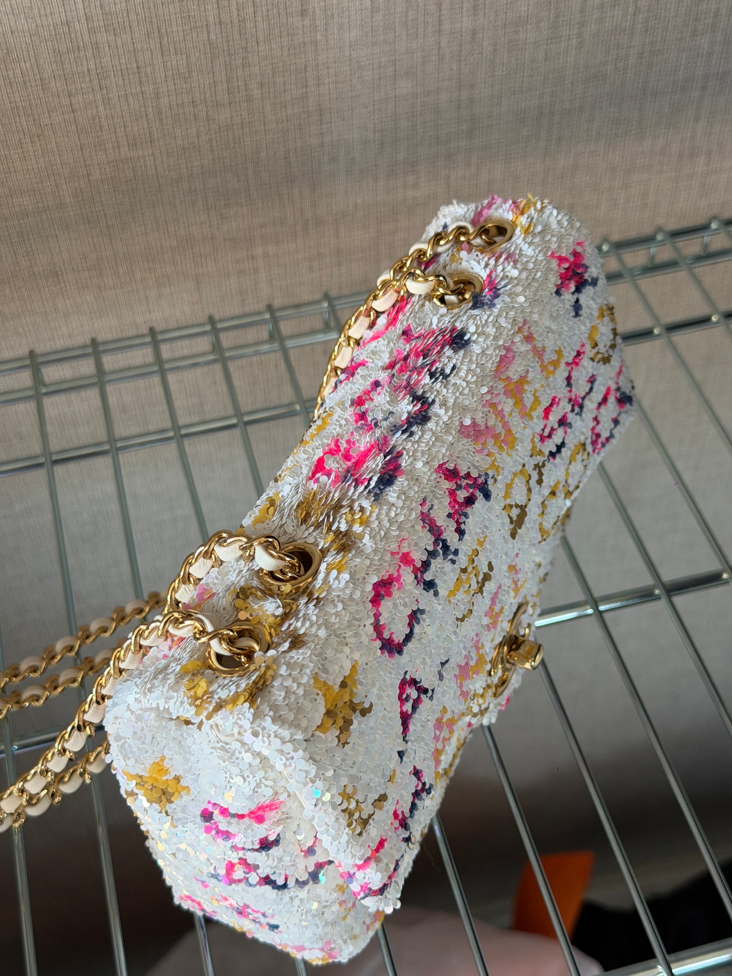 Chanel 24C Iridescent White Neon Pink Disco L.A Sequin Mini Flap Handbag