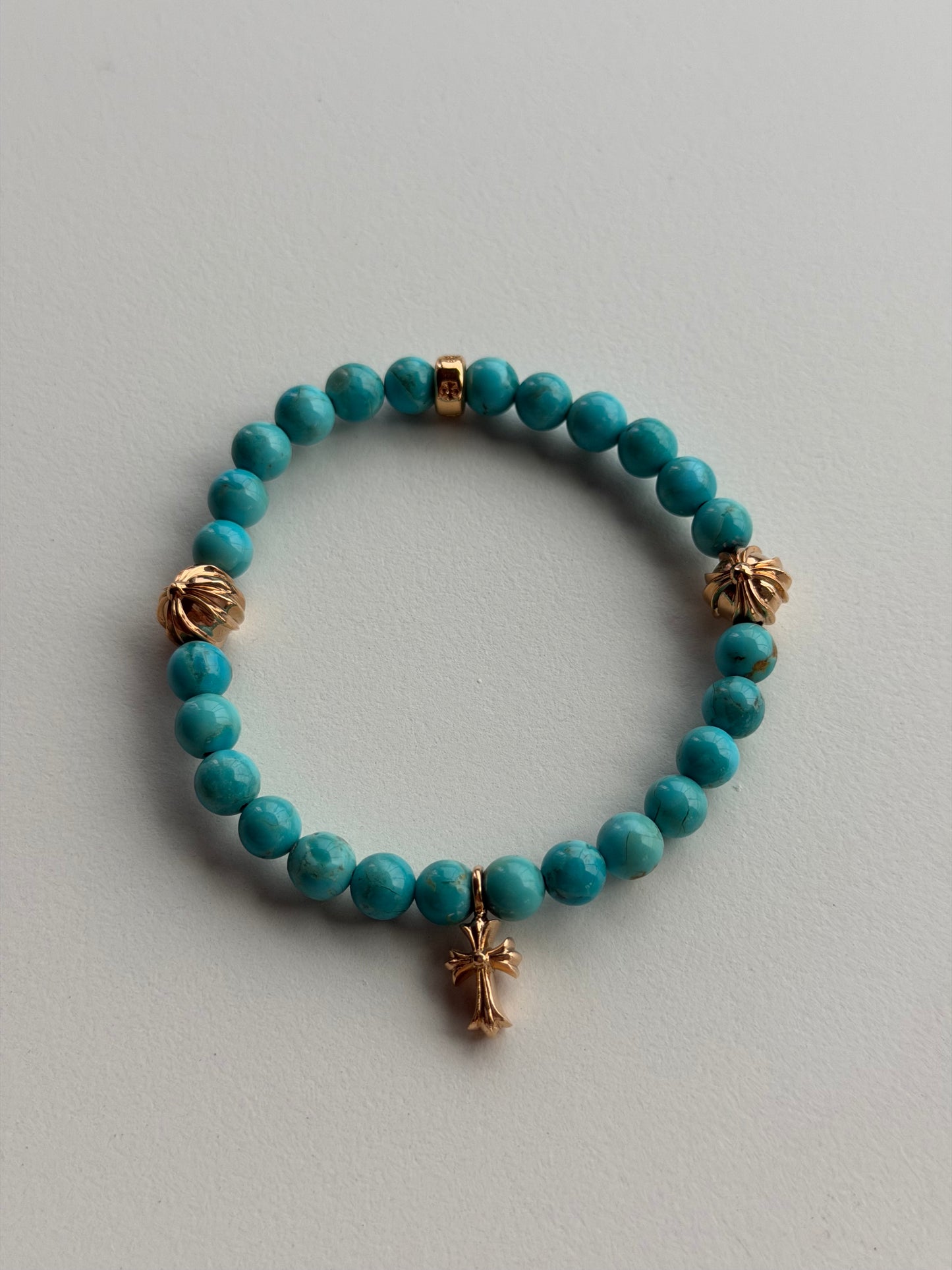 Chrome Hearts 22k Gold Cross 6mm Turquoise Beaded Bracelet
