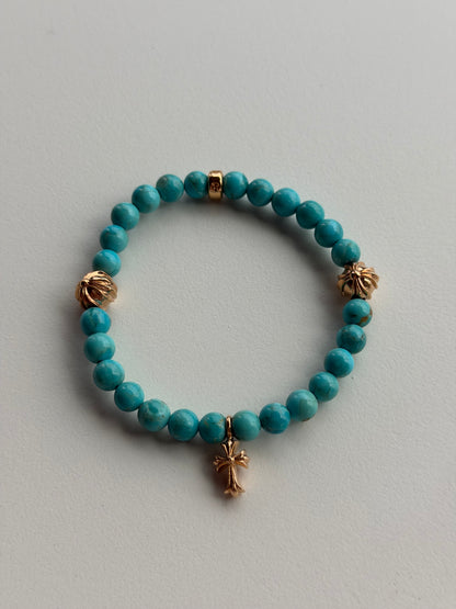 Chrome Hearts 22k Gold Cross 6mm Turquoise Beaded Bracelet