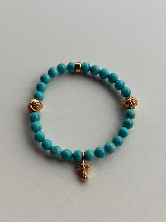 Chrome Hearts 22k Gold Cross 6mm Turquoise Beaded Bracelet