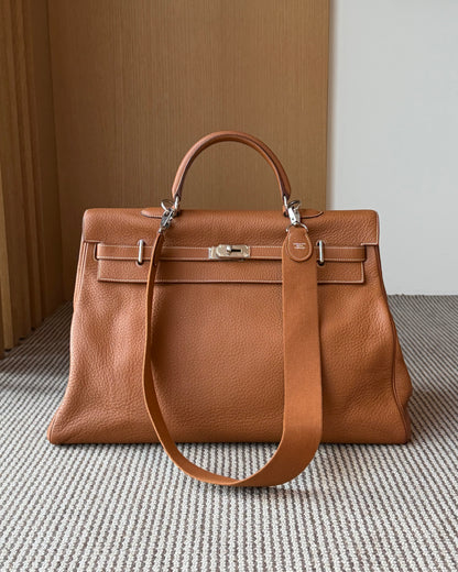 Hermes Kelly 50 Gold Taurillon Clemence Leather Palladium Hardware Handbag