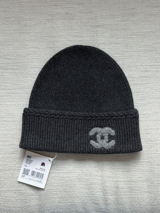 Chanel 25B Gray Cashmere Logo Beanie