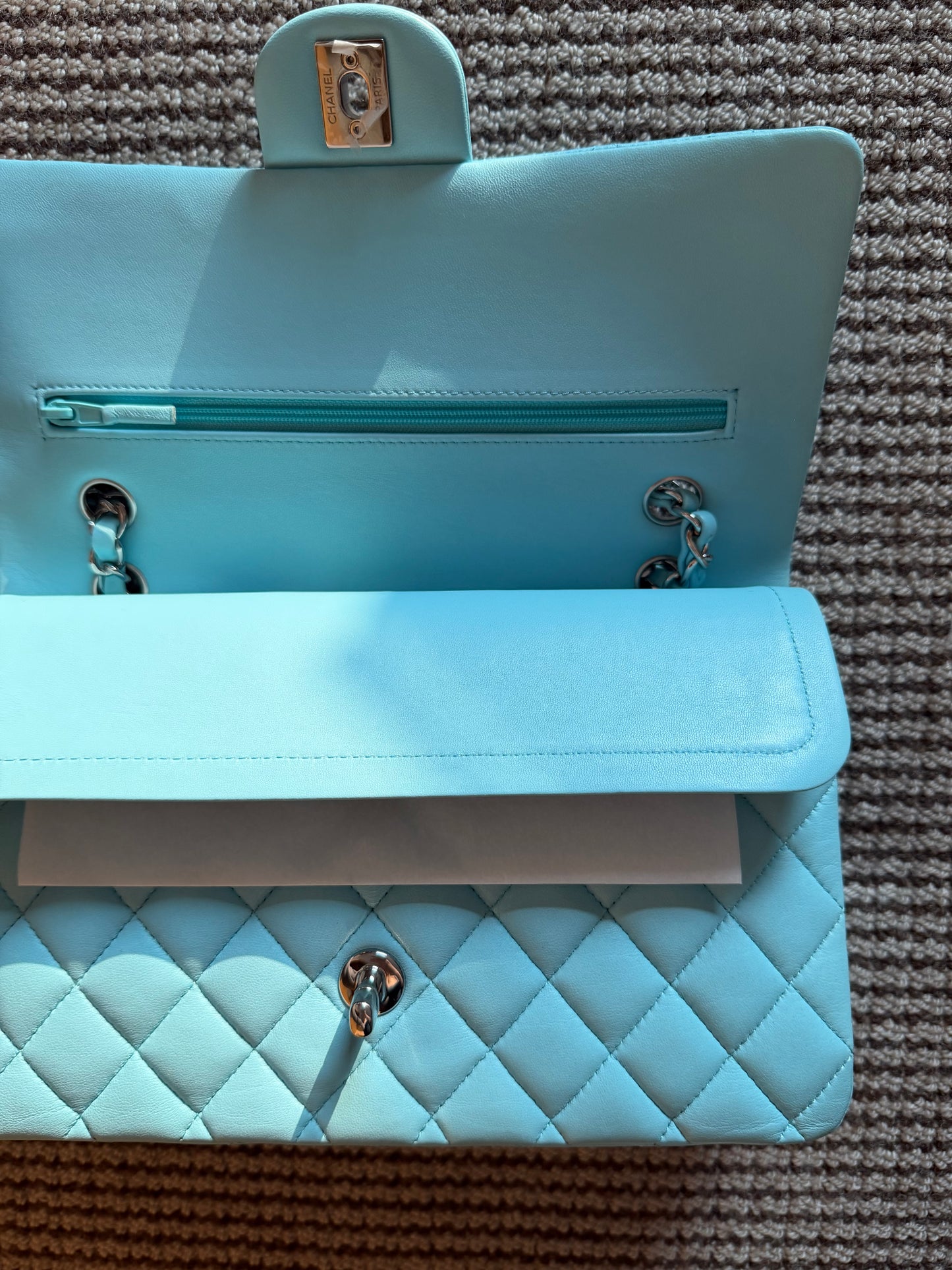 Chanel 2021 Neon Blue Medium Classic Flap Silver Hardware