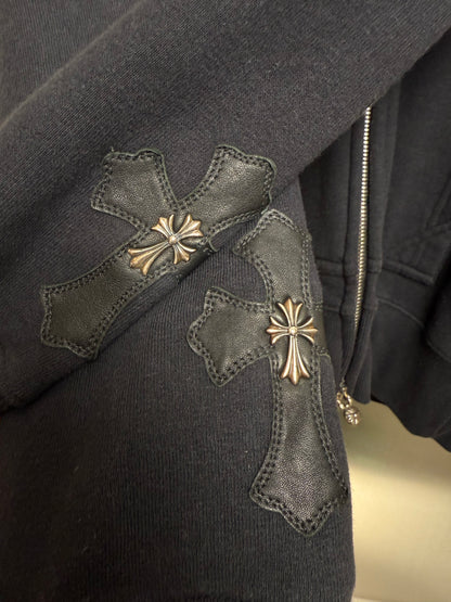 Chrome Hearts Silver Cross Leather Patches Zip Up Hoodie