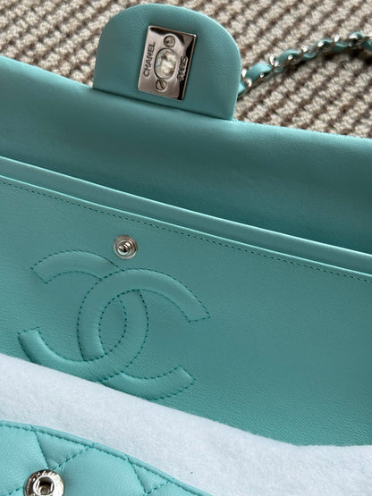 Chanel 2019C Tiffany Blue Lamb Skin Classic Flap Silver Hardware