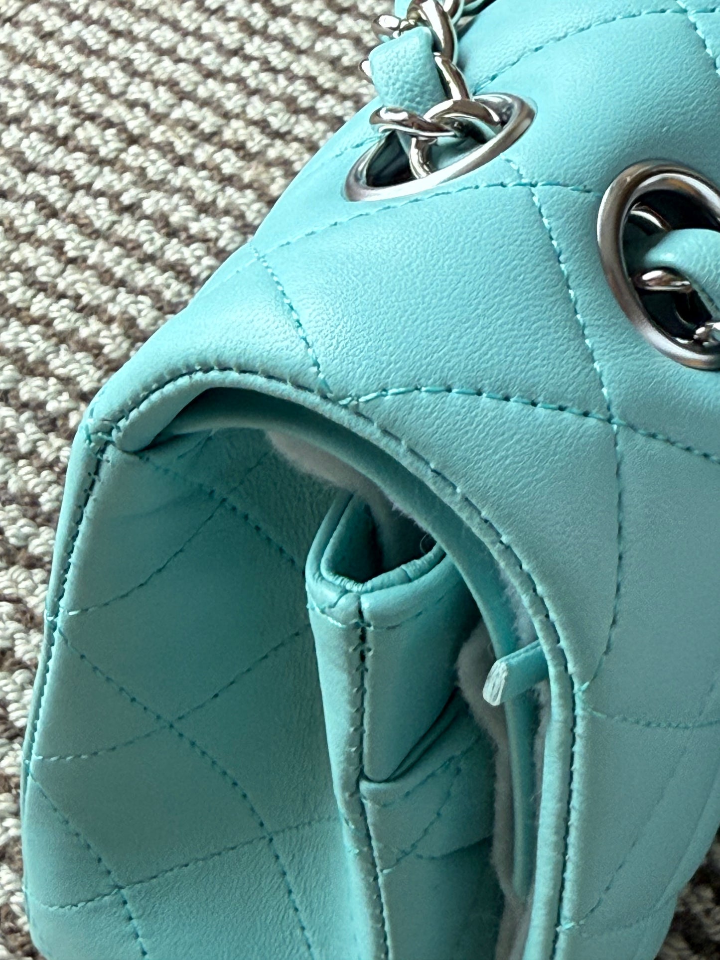 Chanel 2019C Tiffany Blue Lamb Skin Classic Flap Silver Hardware
