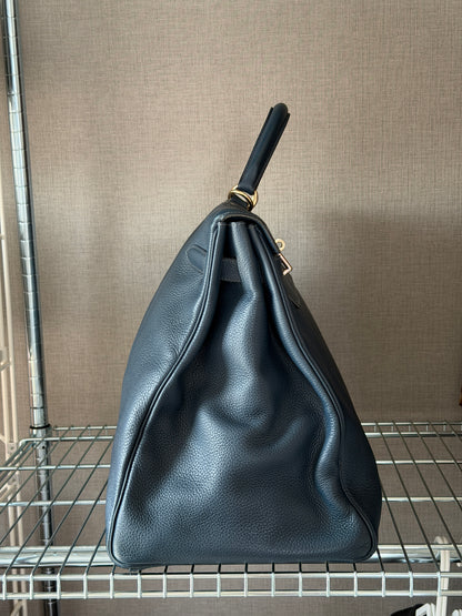 Hermes Bleu Nuit Kelly Voyage 50 Gold Hardware Handbag