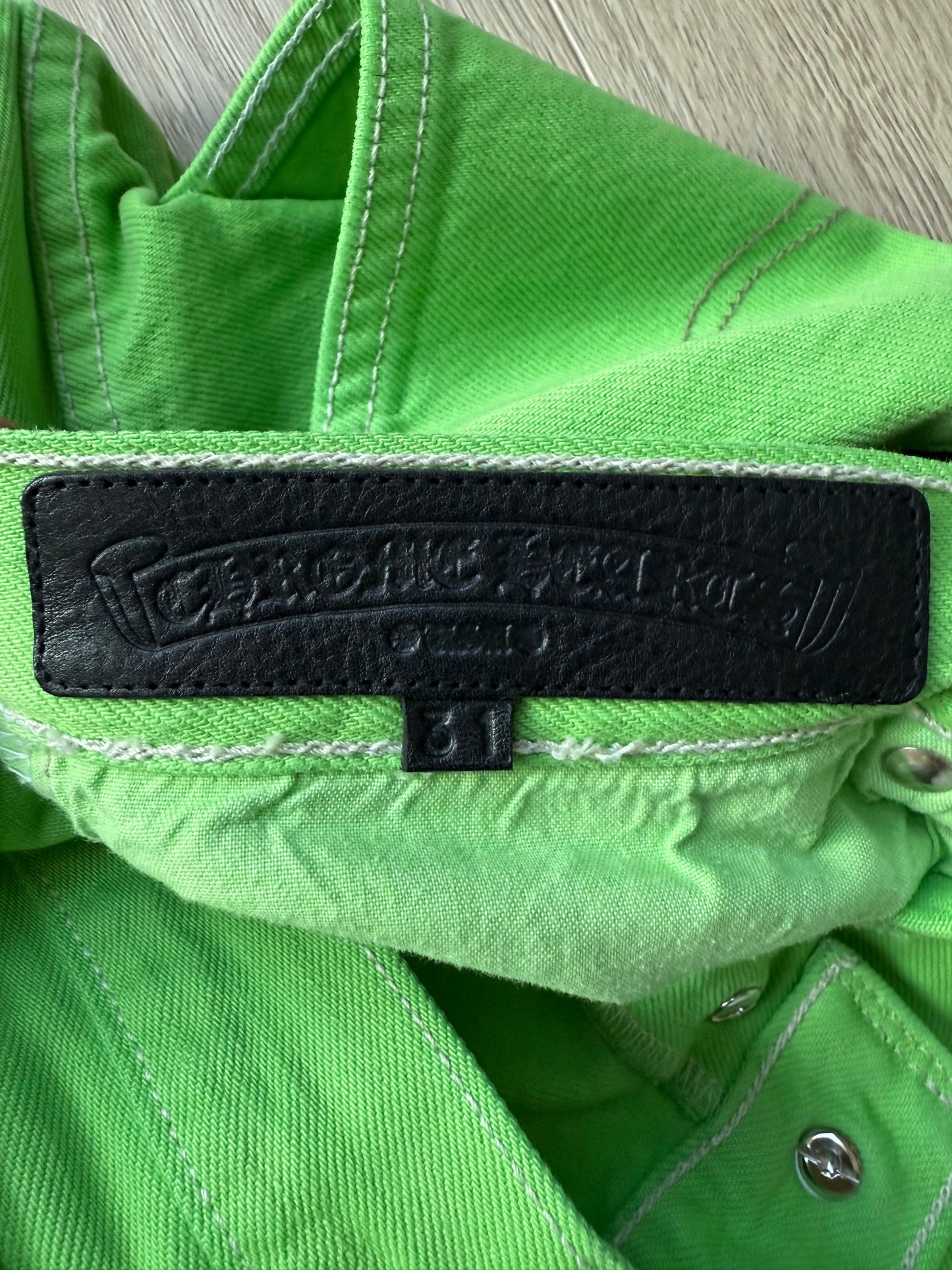 Chrome Hearts 2025 Levi’s 501 Neon Green & Black flooded Cross Patches Jeans