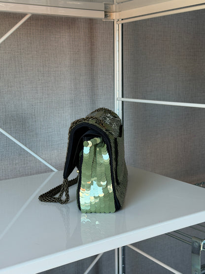Chanel Rare 2010 Shanghai Paris Green Sequin Medium Classic Flap Bag