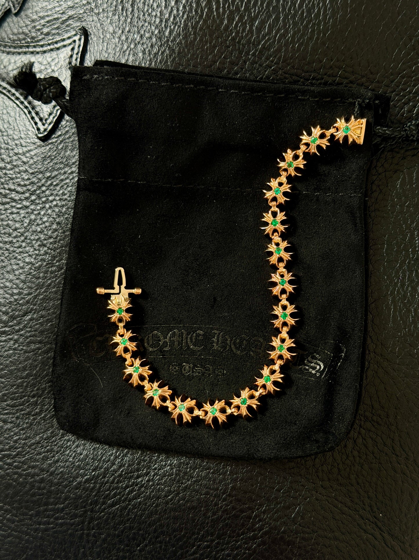Chrome Hearts 22K Gold Emerald Tiny Plus Bracelet