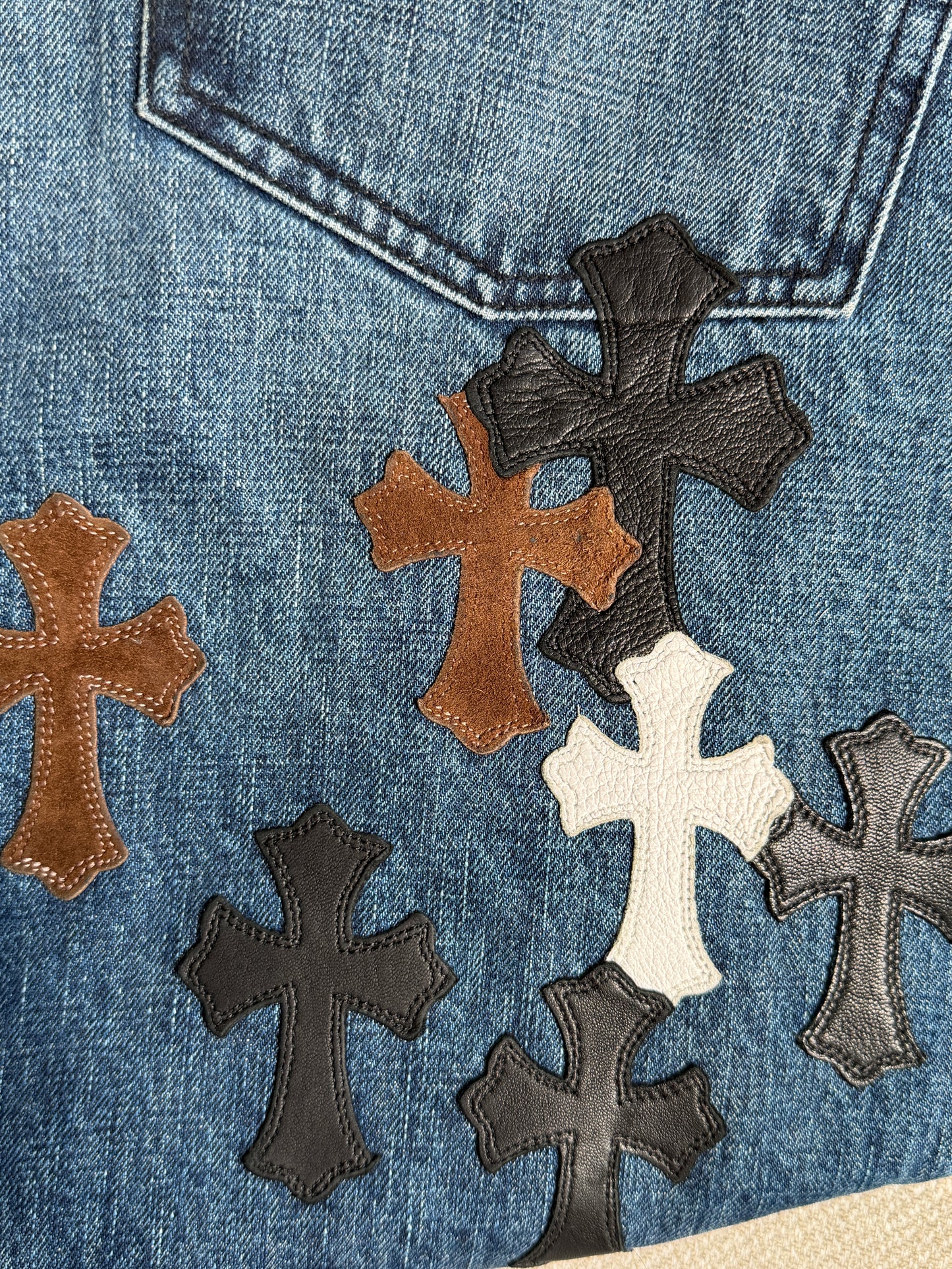 Chrome Hearts Multicolor Cross Patches Blue Jeans