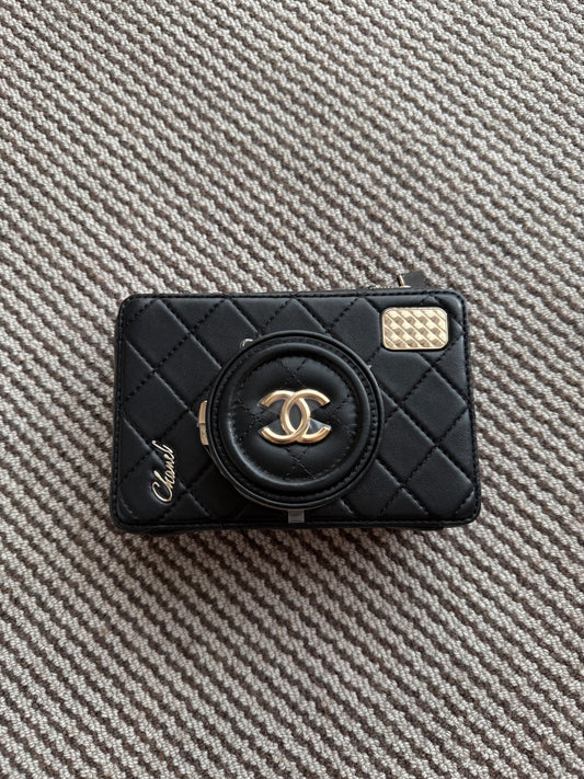 Chanel 2024 Black Quilted Lambskin Camera Bag on Chain Pale Gold Hardware