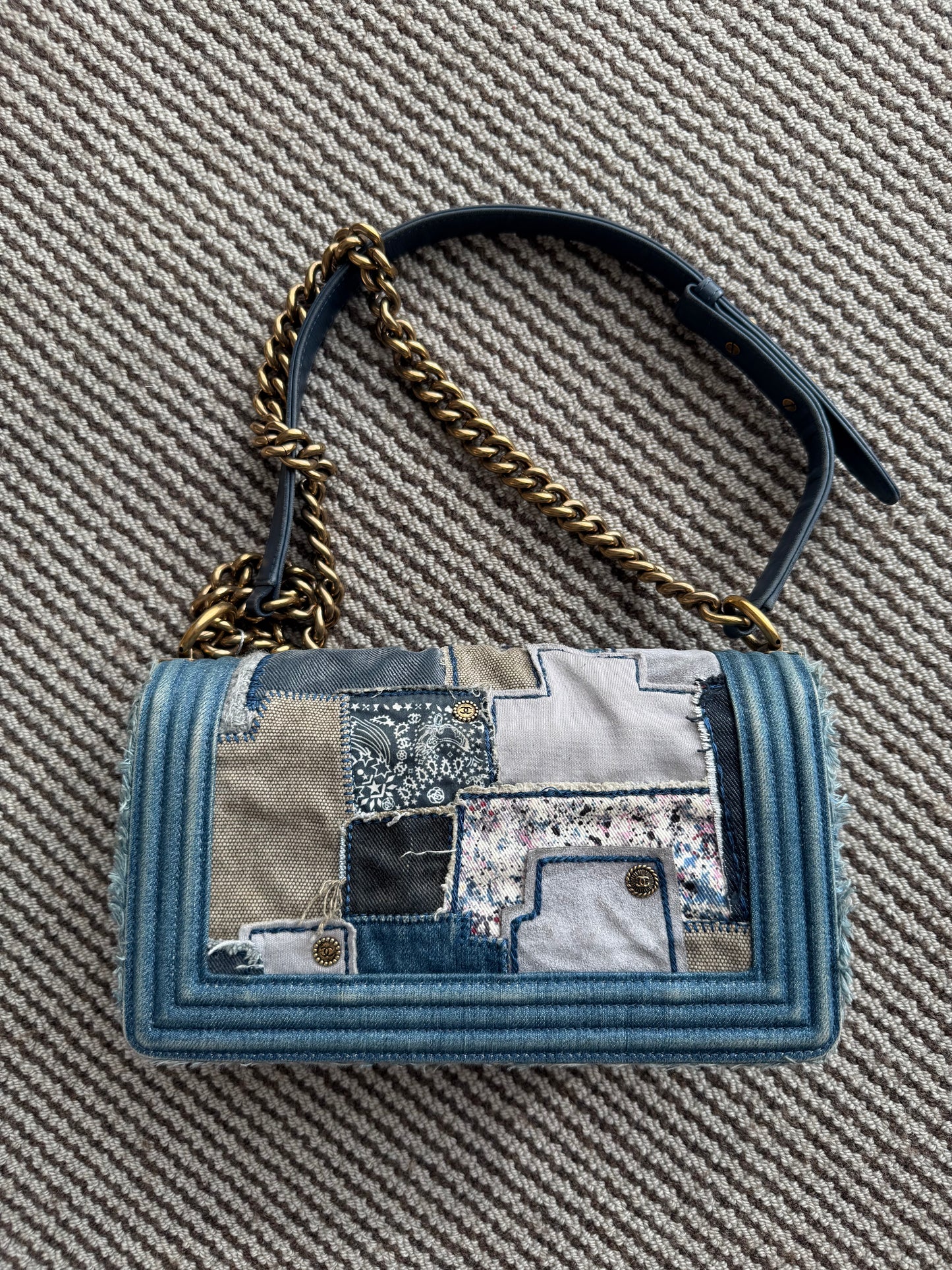 Chanel 14A Paris Dallas denim patches boy bag