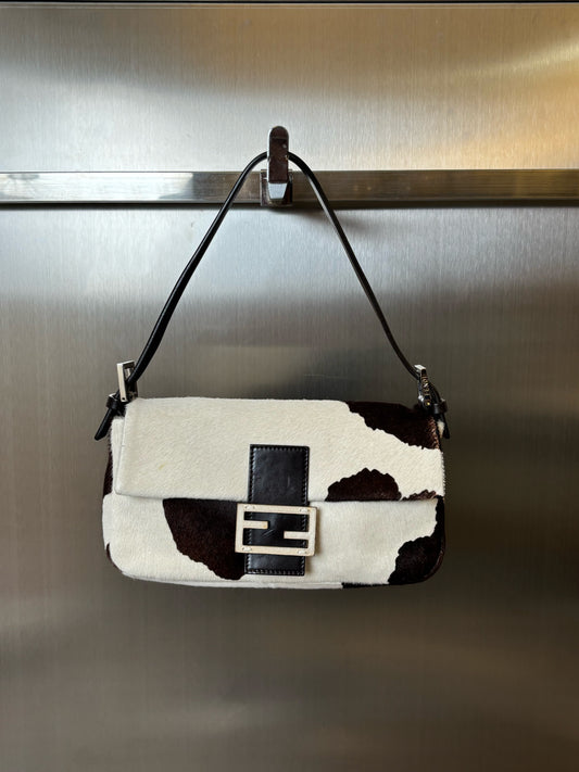 Fendi Pony Hair White/Brown Cow Print Baguette