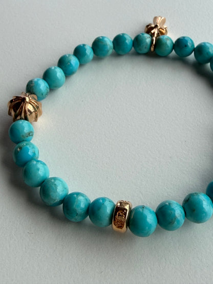 Chrome Hearts 22k Gold Cross 6mm Turquoise Beaded Bracelet