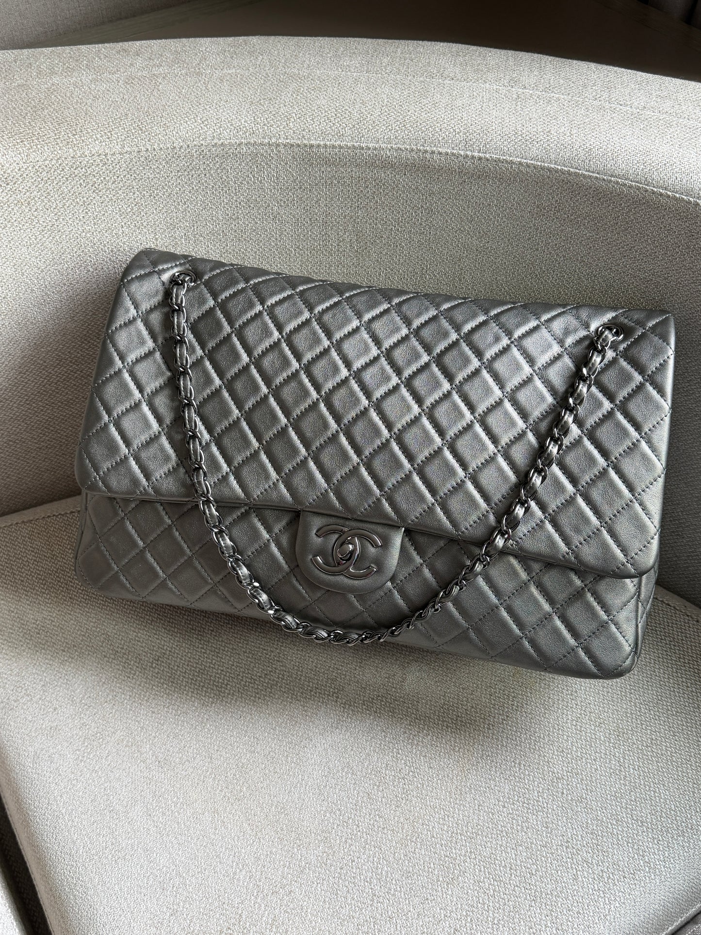 Chanel 2019 Metallic Calfskin Quilted XXL Travel Flap Bag Dark Grey