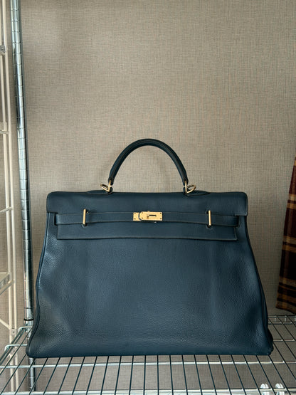 Hermes Bleu Nuit Kelly Voyage 50 Gold Hardware Handbag