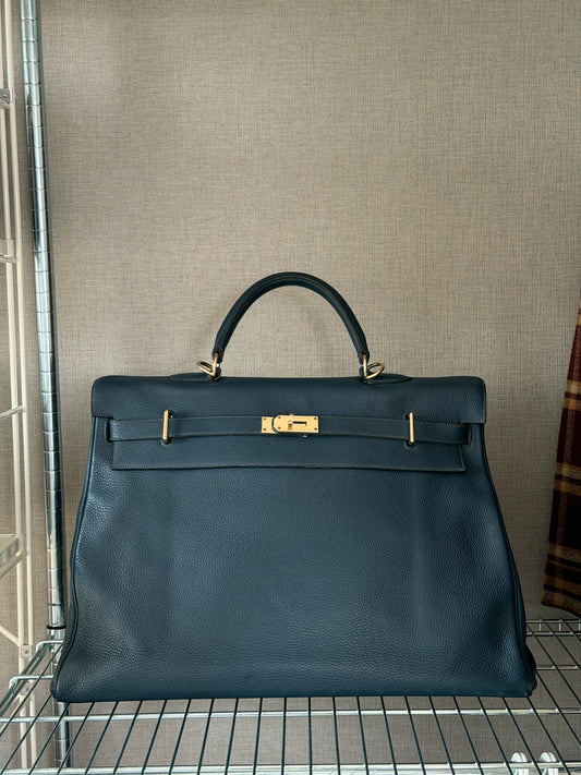 Hermes Bleu Nuit Kelly Voyage 50 Gold Hardware Handbag
