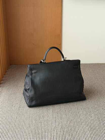 Hermes Kelly 50 Black Taurillon Clemence Leather Palladium Hardware Handbag