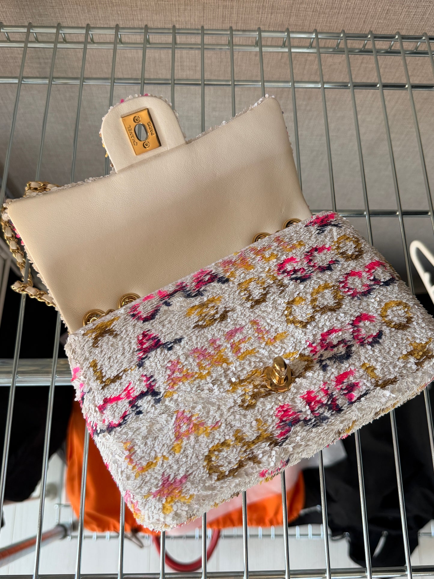 Chanel 24C Iridescent White Neon Pink Disco L.A Sequin Mini Flap Handbag