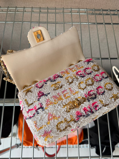Chanel 24C Iridescent White Neon Pink Disco L.A Sequin Mini Flap Handbag
