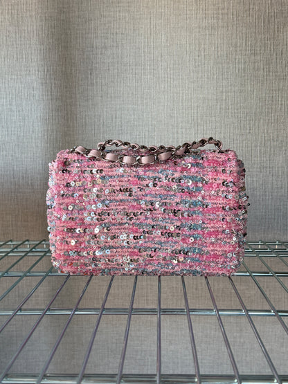 Chanel 2023C Pink Blue Multicolor Mini Sequin Flap Bag
