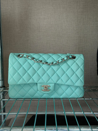 Chanel 2019C Tiffany Blue Silver Hardware Lambskin Medium Classic Flap