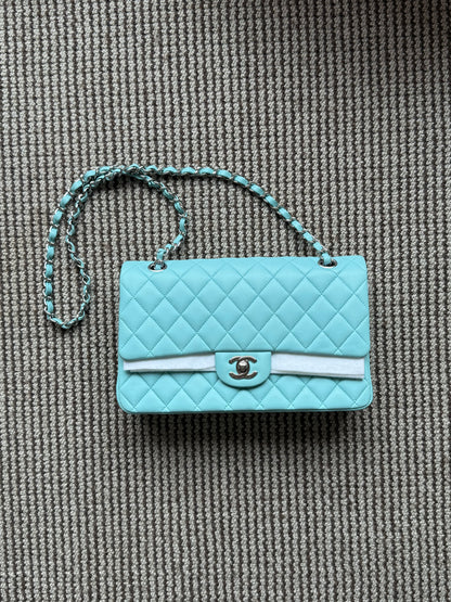 Chanel 2019C Tiffany Blue Lamb Skin Classic Flap Silver Hardware