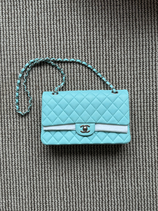 Chanel 2019C Tiffany Blue Lamb Skin Classic Flap Silver Hardware
